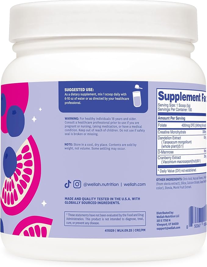 Wellah Creatine for Women - Creatine Monohydrate with Dandelion &amp Cranberry Extract (100 Servings Blueberry Pomegranate)