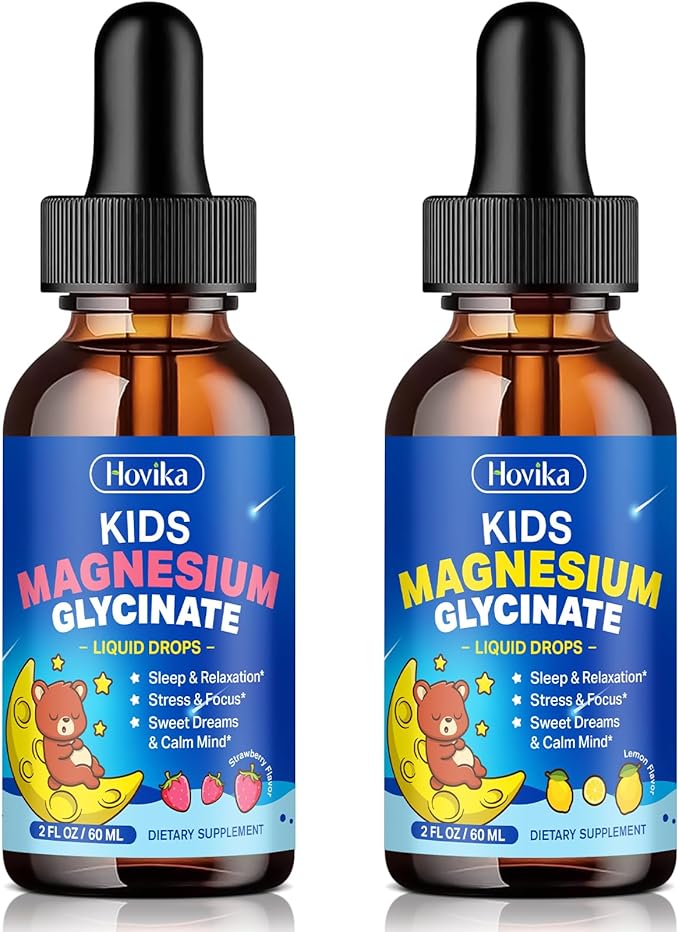 2 Pack Kids Magnesium Glycinate Liquid Drops with L-Theanine Omega-3 Vitamin B6 D3 Zinc - Magnesium Drops for Kids Strawberry &amp Lemon Flavor