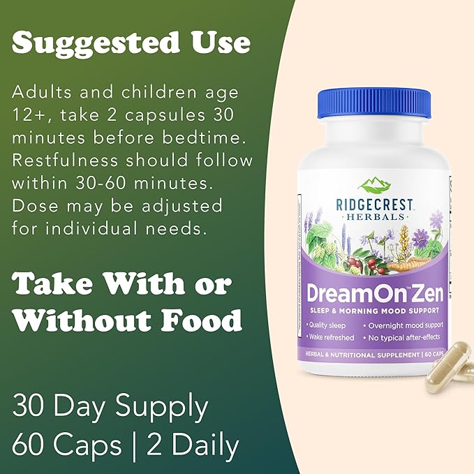 Ridgecrest Herbals DreamOn Zen Sleep Support Supplement Melatonin Free Magnesium 5-HTP Lavender Chamomile Valerian Lemon Balm for Adults and Children 12+ (60 Caps 30 Serv)