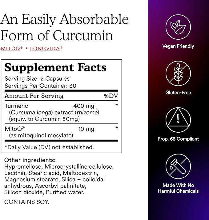 MitoQ Curcumin Longvida Lipidated Formula Mitochondria-targeted Antioxidant | Ultra Bioavailable &amp Sustained Action Free-Form Curcumin 60 Capsules