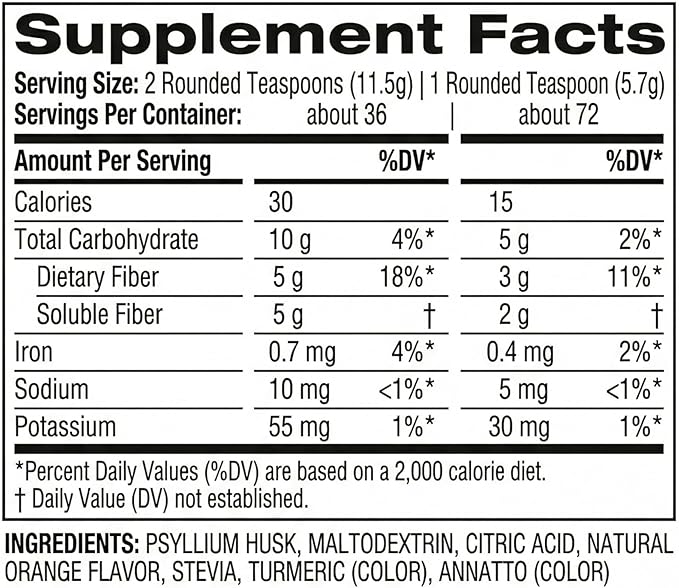 Daily Fiber Supplement Sugar Free Orange Flavor 14.6 oz – 72 Teaspoon Doses Psyllium Husk Powder Plant-Based Fiber Psyllium Fiber Supplement Gluten-Free Fiber Powder.