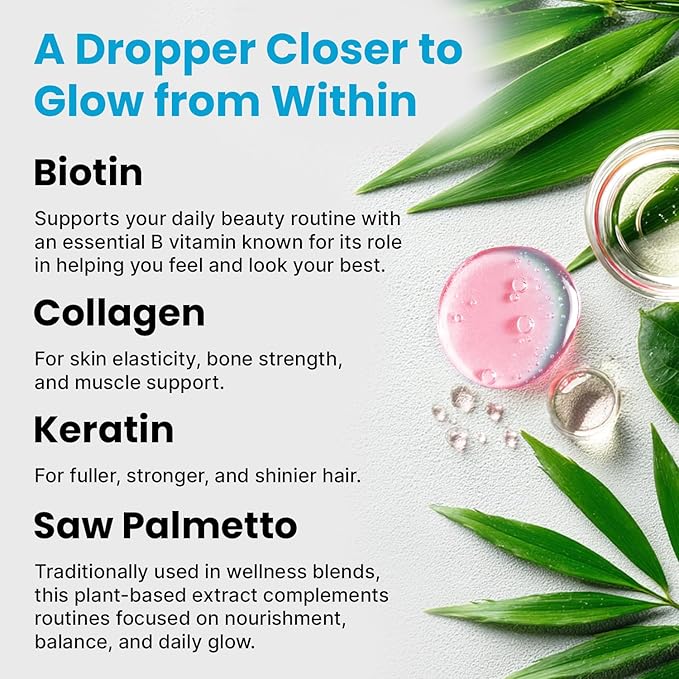 Liquid Collagen Peptides for Women - Serum Complex with Biotin Vitamin Hydrolyzed Keratin Protein and Saw Palmetto - Comprehensive Formula for Hair Skin and Nails Wellness - 2fl oz (Pack of 2)