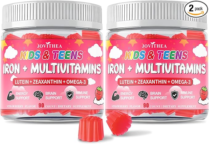 180 Count | Iron Gummies for Kids Kids Multivitamin with Calcium Zinc Folate Omega-3 &amp Lutein Support Energy Immnity Iron Deficiency Anemia &amp Brain Health Vegan Sugar-Free Strawberr