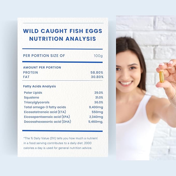 Wild Caught Fish Eggs 2000mg - Omega 3 Supplement for Eye Brain Health Supports Immunity Bones and Teeth Mood Support with Omega 3-6-9 Fish Egg Capsules