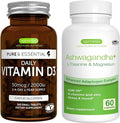 Daily Vitamin D3 + Ashwagandha+ L-Theanine &amp Magnesium Vegetarian Bundle 365 2000iu Vitamin D3 Tablets + 600mg KSM-66 Ashwagandha with Zinc &amp B Vitamins by Igennus