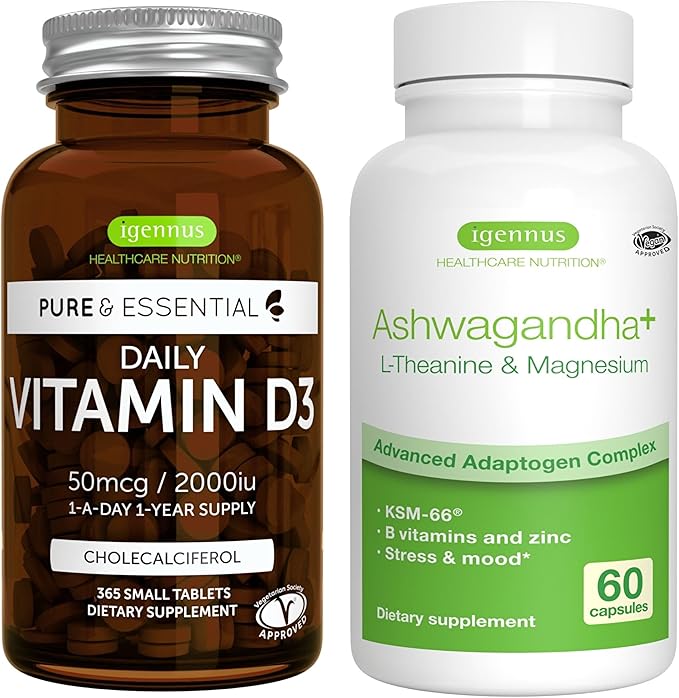 Daily Vitamin D3 + Ashwagandha+ L-Theanine &amp Magnesium Vegetarian Bundle 365 2000iu Vitamin D3 Tablets + 600mg KSM-66 Ashwagandha with Zinc &amp B Vitamins by Igennus