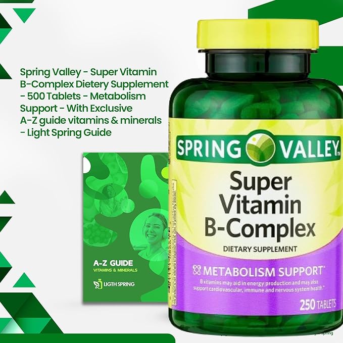 Super Vitamin B-Complex Tablets 250 + Spring Super Vitamin B-Complex Tablets Dietary Supplementt Bundle Exclusive Better Ligth&ampSpring Guide