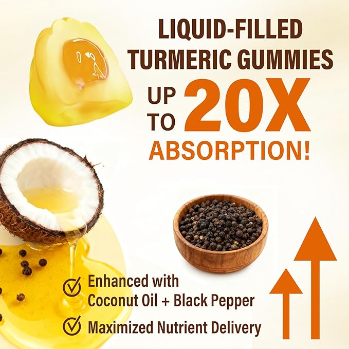 Sugar Free Turmeric Curcumin Filled Gummies 550mg for Adults Ginger &amp Black Pepper | 95% Curcuminoids w/Prebiotic Probiotic &amp Postbiotic Blend Support Immune &amp Digestive Health Vegan 6