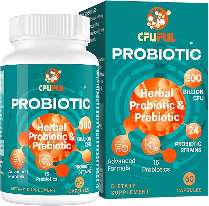 Probiotics for Women &amp Men - 300 Billion CFU 24 Strains Probiotic + 15 Organic Herbs Prebiotics Blend for Overall Digestive Gut Health Immune Constipation &amp Bloating Shelf Stable - 2 Mont