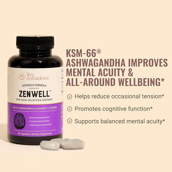 Live Conscious KSM-66 Ashwagandha Supplement w/L Theanine &amp AlphaWave - ZenWell Everyday Stress Relief Cognitive Brain Health - Ashwagandha for Men &amp Women - 60 Capsules