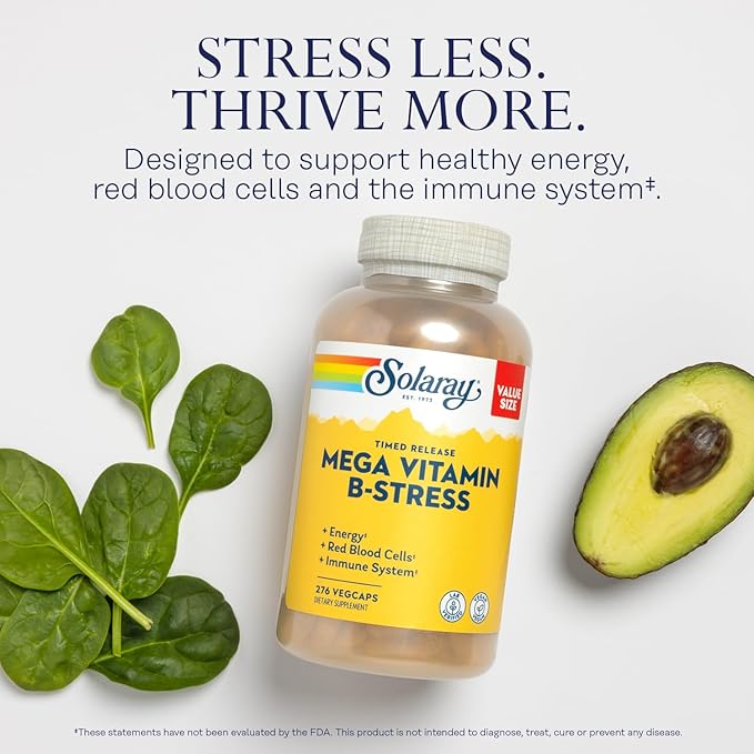 SOLARAY Mega Vitamin B Stress and Passion Flower Bundle - Timed Release Vitamin B Complex with Vitamin C - Energy Mood and Immune Support with B6 B12 Plus Soothing Herbal Support Vegan 276/100ct