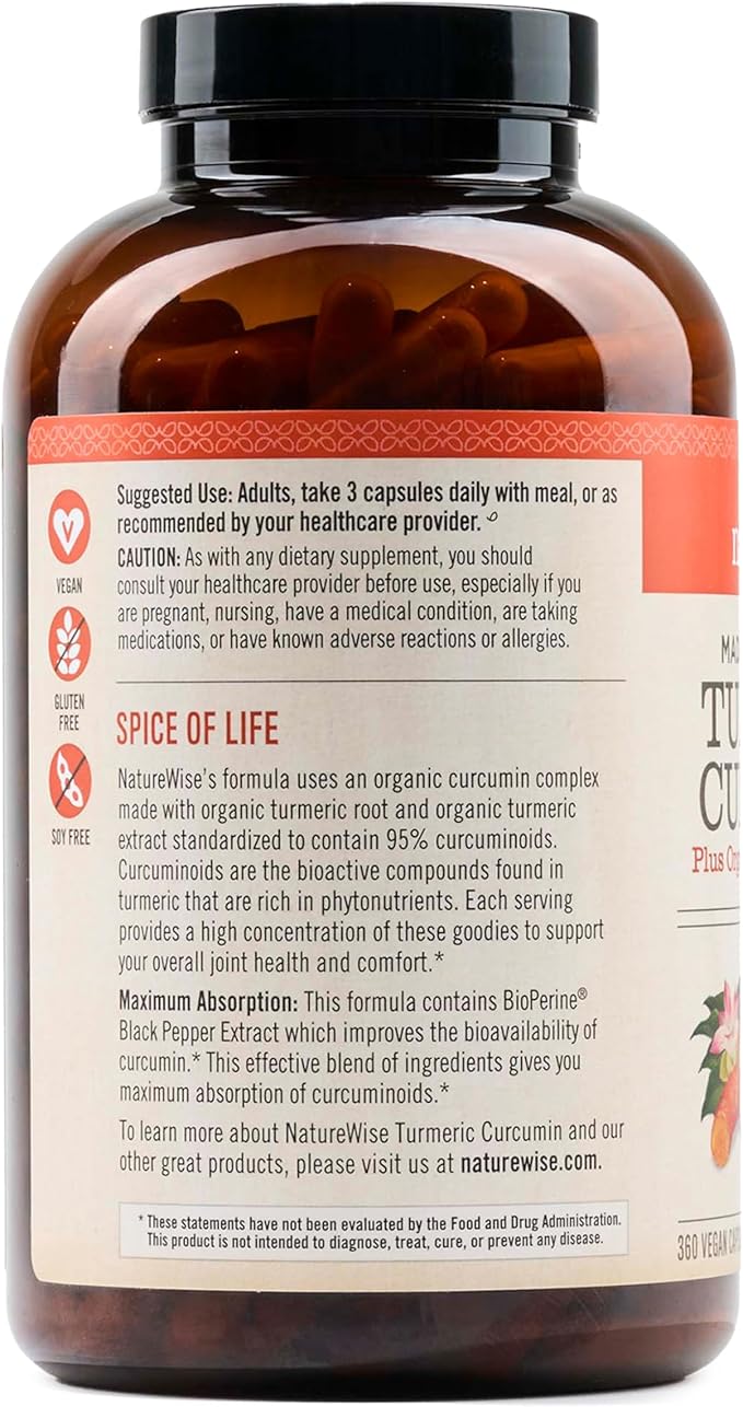 NatureWise Curcumin Turmeric 2250mg - 95% Curcuminoids &amp BioPerine Black Pepper Extract for Advanced Absorption - Daily Joint and Immune Health Support - Vegan Non-GMO 360 Count[120-Day Supply]