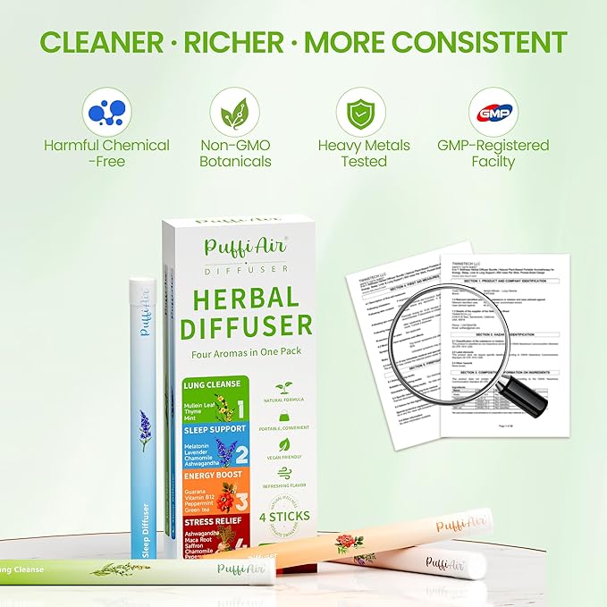 PUFFIAIR Herbal Diffuser Pen 4 Pack Clean Botanical Aromatherapy Diffusers Four Aroma Variety Set Cool Mint &amp Herbal Scents Smooth Daily Experience Up to 600 Uses Each