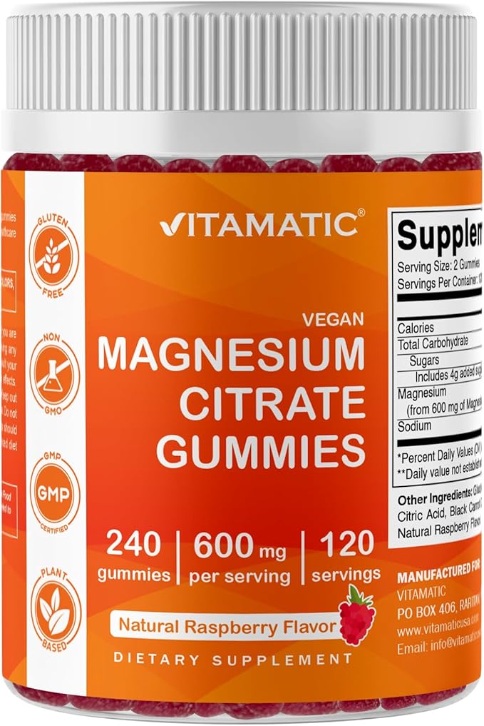 Vitamatic Magnesium Citrate Gummies 600mg per Serving - 240 Vegan Gummies - Natural Raspberry Flavor - High Absorption Magnesium Supplement - Supports Nerve Bone and Muscle Health