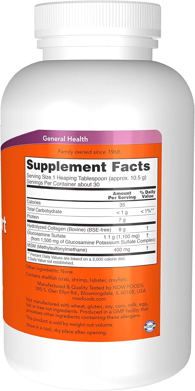 NOW Foods Supplements Collagen Joint Support™ Powder with Beef Gelatin Glucosamine Sulfate and MSM 11-Ounce