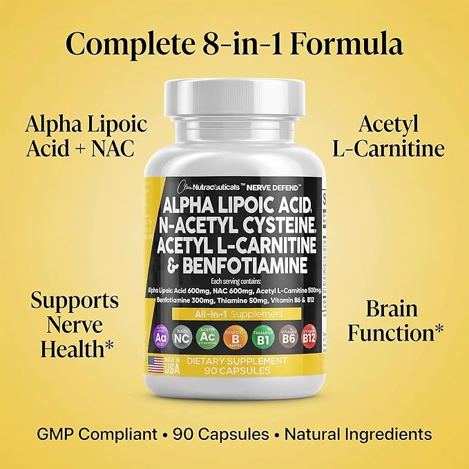 Alpha Lipoic Acid 600mg N-Acetyl Cysteine 600mg Acetyl L-Carnitine 500mg Benfotiamine 300mg - Nerve Support Supplement for Women and Men with Vitamin B1 B6 &amp B12 - Made in USA 90 Caps
