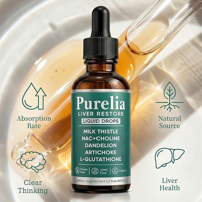 Purelia Liver Restore Drops – Complete Liver Detox Support Supplement with Milk Thistle Dandelion &amp L-Glutathione for Liver Cleanse &amp Digestion Aid Health 2 Fl Oz (1)