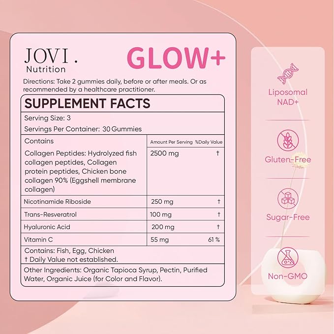 Jovi Glow+ NAD+ &amp Collagen Gummies Multi-Type Hydrolyzed Collagen Peptides Resveratrol Hyaluronicacid Vitaminc Supplement for Skin Hair Nails 90 Count (1 A)