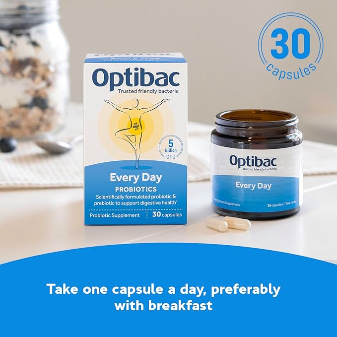 Optibac Probiotics for Every Day - Vegetarian Probiotic Supplement for Digestion &amp Gut Health 5 Billion CFU &amp Prebiotic - 30 Capsules