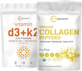 Micro Ingredients Vitamin D3 5000iu + K2 100mcg Softgels &amp Organic Collagen Peptides Powder Bundle 2 Pack | Essential Sunshine Vitamins | Hydrolyzed Type I &amp III Bovine Collagen