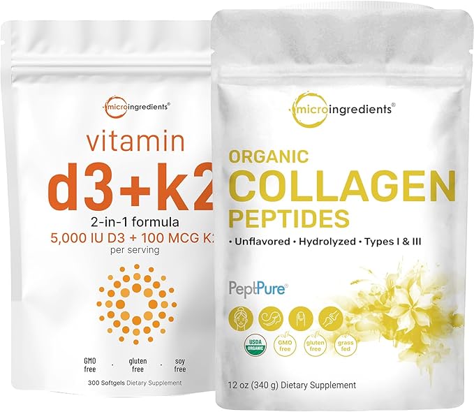 Micro Ingredients Vitamin D3 5000iu + K2 100mcg Softgels &amp Organic Collagen Peptides Powder Bundle 2 Pack | Essential Sunshine Vitamins | Hydrolyzed Type I &amp III Bovine Collagen