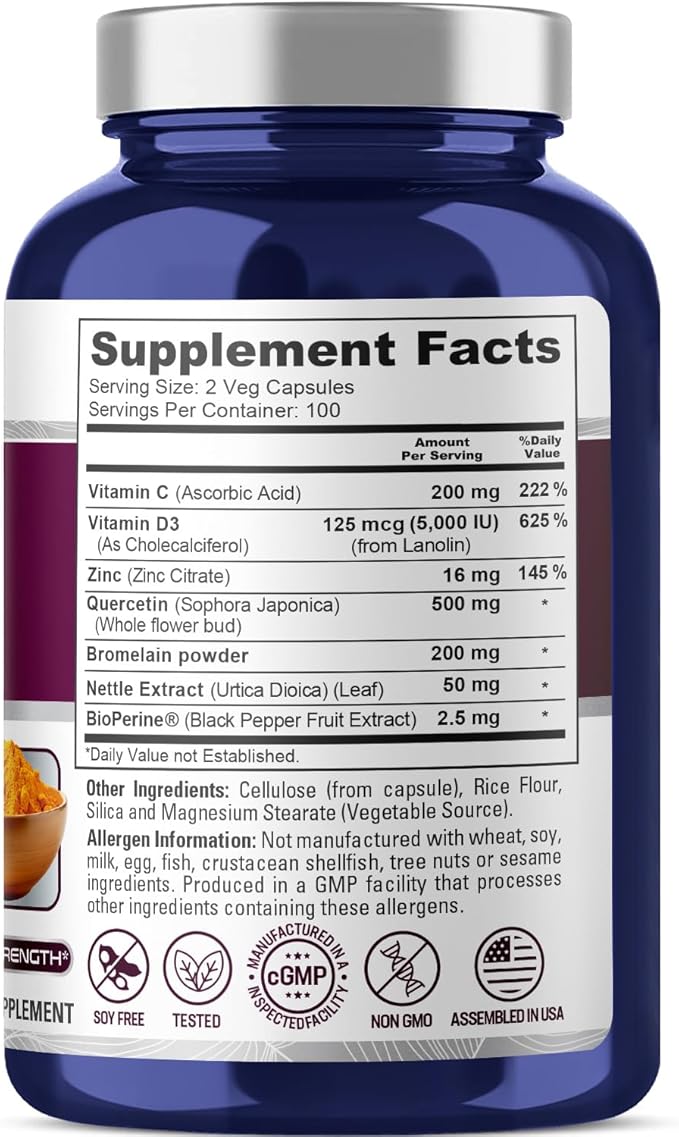 NusaPure Quercetin Complex: Bromelain Vitamin C Vitamin D3 Stinging Nettle Zinc | 200 Veggie Caps (Non-GMO Bioperine)