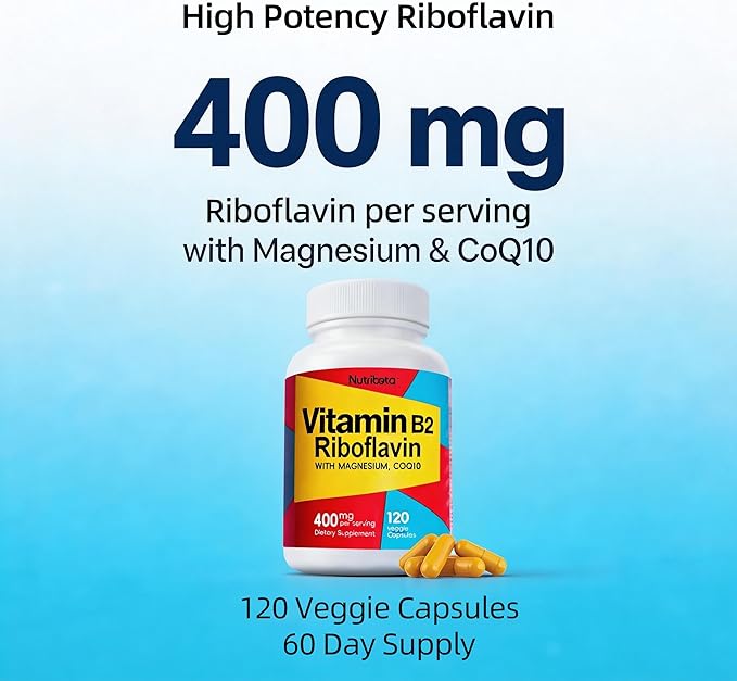 Vitamin B2 Riboflavin 400mg with Magnesium &amp CoQ10 High Potency Vitamin B2 Supplement for Energy Metabolism &amp Daily Wellness 120 Veggie Capsules 60 Day Supply