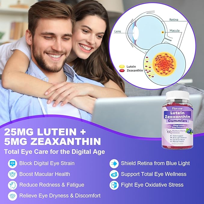 Sugar Free Lutein Gummies 25mg Lutein and Zeaxanthin Supplements for Eye Health13-in-1 Eye Care Formula with Omega-3 Bilberry Saffron-Vision Health Eye StrainDry EyesVegan Blueberry Flavor 120 Ct