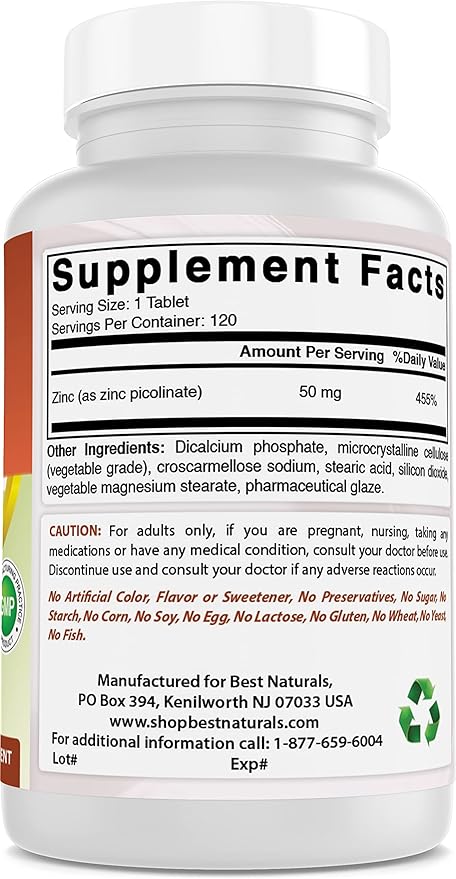 Best Naturals Zinc 50mg Supplements (as Zinc Picolinate) - Vitamins for Adults Immune Support - 120 Tablets (120 Count (Pack of 3))