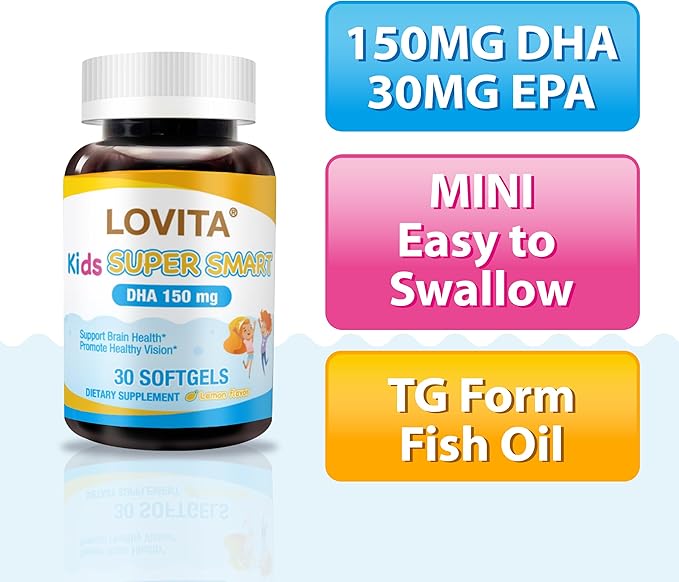 LOVITA Multi-Child Family Bundle - 2 Adult Fish Oil &amp 4 Kid’s Super Smart DHA Lemon Flavor Softgels for Brain &amp Vision (6 Pc Set)