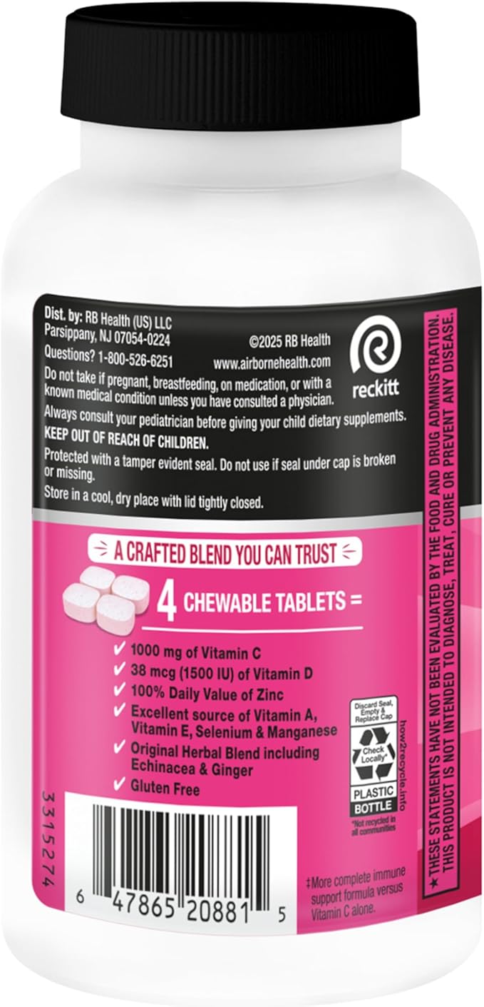 Airborne Vitamin C 1000mg (per Serving) - Very Berry Chewable Tablets (116 Count in a Bottle) Gluten-Free Immune Support Supplement with Vitamins A C E Zinc Selenium Ginger Antioxidants