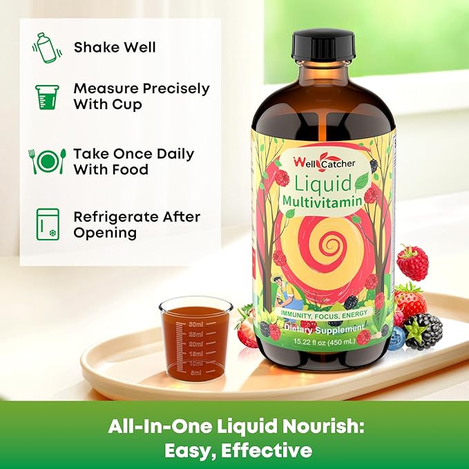 Liquid Multivitamins for Women Men: Daily Multi Vitamins Mineral Supplements for Adults Kids Support Health Immune Focus Energy Hair Growth Bones Liquid Vitamins High Absorption with Measuring Cup