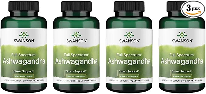 Swanson Ashwagandha Powder Supplement - with Ashwagandha Root to Promote Stress Relief &amp Energy - Ayurvedic Supplement for Natural Wellness (100 Capsules 450mg Each) 4 Pack