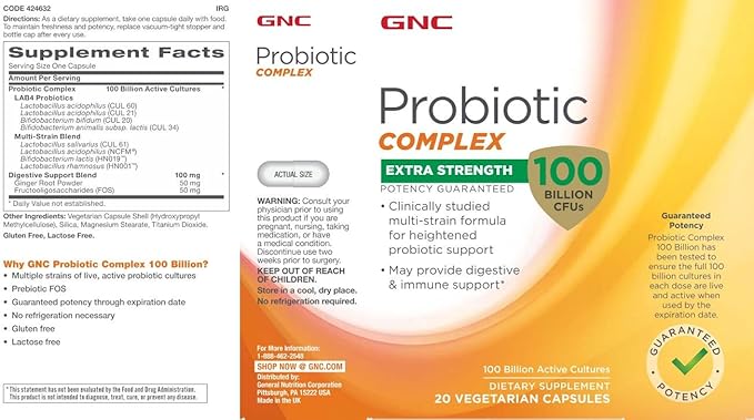 GNC Probiotic Complex Extra Strength with 100 Billion CFUs | for Heightened Probiotic Support and Digestive &amp Immune Support Vegetarian | 20 Capsules