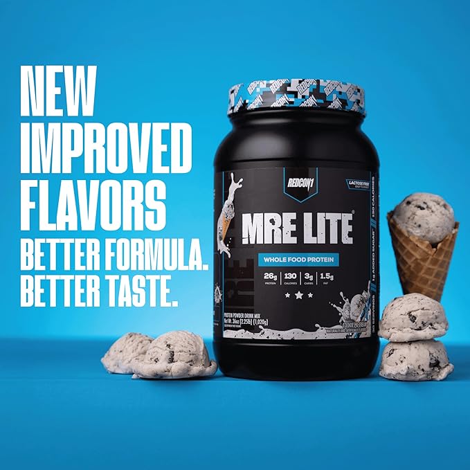 REDCON1 MRE LITE Whole Food Protein Powder Cookies &amp Cream - Lactose Free Meal Replacement with Animal Protein Blends - Easy to Digest Formula - Only 3g Carb per Serving (30 Servings)