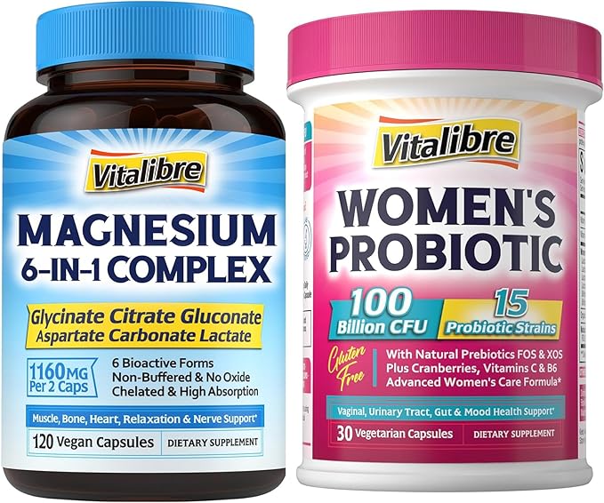 Magnesium Complex Supplement 6 in 1+ Women's Probiotics 100 Billion CFU + Iron Supplement 65mg Carbonyl Iron with 250mg Vitamin C