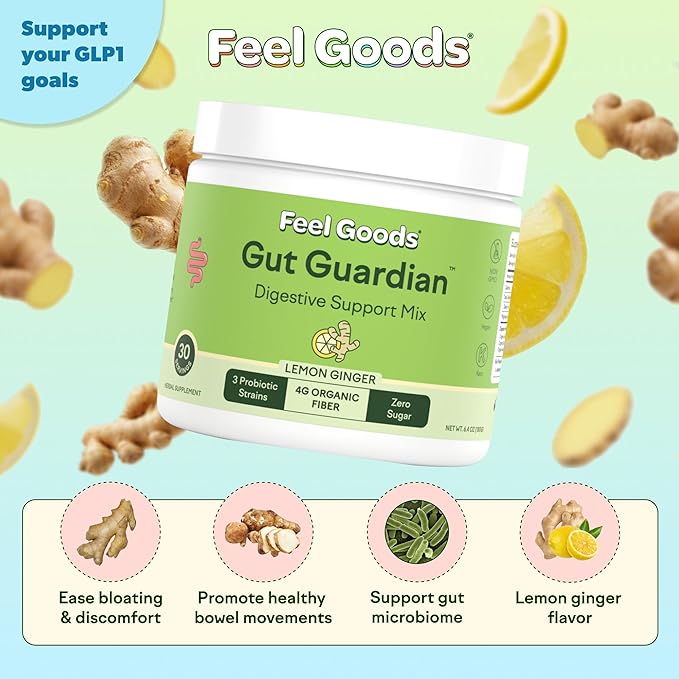 Feel Goods Gut Guardian Gut Health Powder Drink Mix - Probiotic Fiber Powder with Prebiotics &amp L Glutamine for Digestive Health Bloating Relief &amp Digestion Support - Zero Sugar &amp Organic