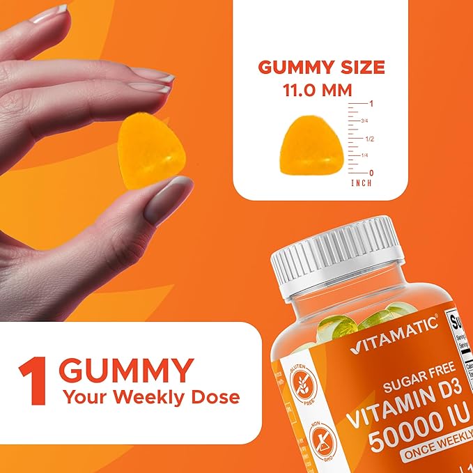 Vitamatic Sugar Free Vitamin D3 50000 IU Weekly Supplement - 120 Pectin Based Gummies - Vitamin D Capsules for Bones Teeth and Immune Support (50000 IU) - 2 Pack