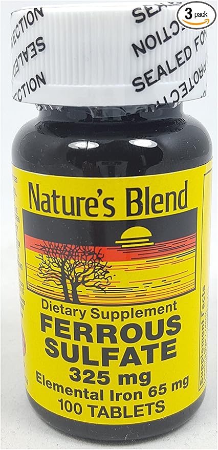 Nature`s Blend Ferrous Sulfate 325mg Tablets 100 Count Per Bottle - 3 Bottles