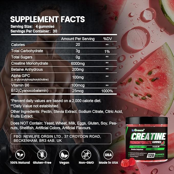 Creatine Monohydrate Gummies 6g for Men &amp Women Sugar-Free Creatine Chewables with Betaine Alpha GPC Vitamin B6 &amp B12 Natural Berry Flavor Gluten-Free 120 Count