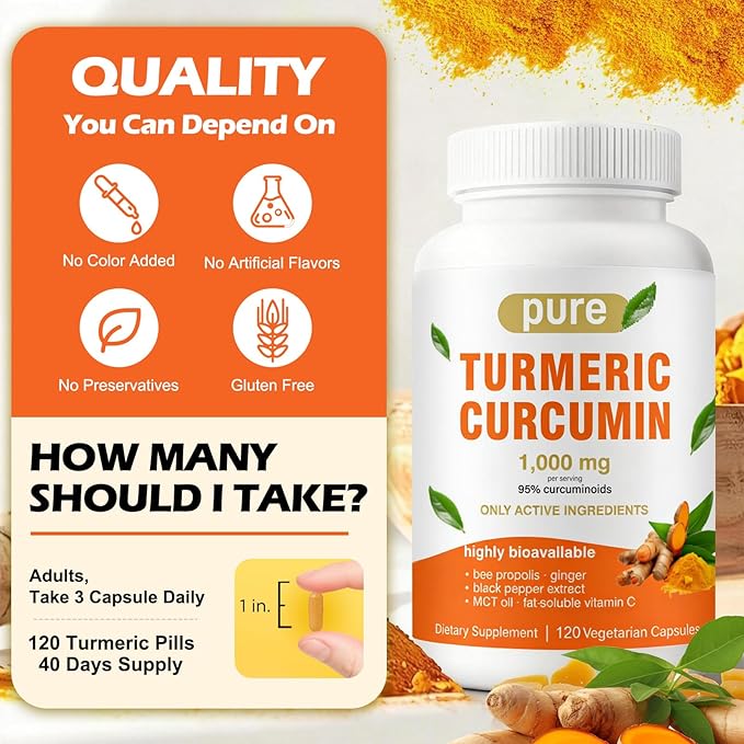 Turmeric Curcumin Supplement 1000mg with Black Pepper Extract High Absorption Turmeric Supplement with 95% Curcuminoids for Body Support Gluten Free 120 Capsules with Curcuma Ginger MCT Oil