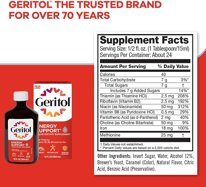 Geritol Liquid Vitamin and Iron Supplement Energy Support Contains High Potency B-Vitamins and Iron Pleasant Tasting Easy to Swallow No Artificial Sweeteners Non-GMO 12 Oz 2 Pack