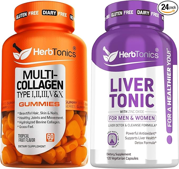 Herbtonics Multi Collagen Gummies Type 1235 &amp 10 with Biotin for Hair Growth Skin Nails - Liver Cleanse Detox &amp Repair Formula with Milk Thistle - Artichoke and 24 Herbs Liver Health Supp