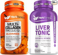 Herbtonics Multi Collagen Gummies Type 1235 &amp 10 with Biotin for Hair Growth Skin Nails - Liver Cleanse Detox &amp Repair Formula with Milk Thistle - Artichoke and 24 Herbs Liver Health Supp