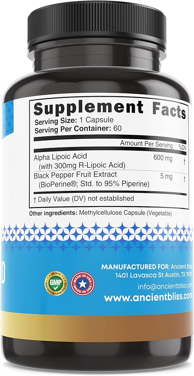 Ancient Bliss Alpha Lipoic Acid Supplement Antioxidant and Energy Support ALA Supplement with Bioperine No Gluten and Soy 600mg per Serving 60 Vegan Capsules