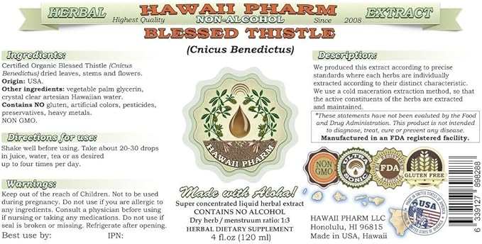 Hawaii Pharm Blessed Thistle Alcohol-Free Liquid Extract Blessed Thistle (Cnicus benedictus) Dried Leaf Stem and Flower Glycerite Natural Herbal Supplement 2x32 oz Unfiltered