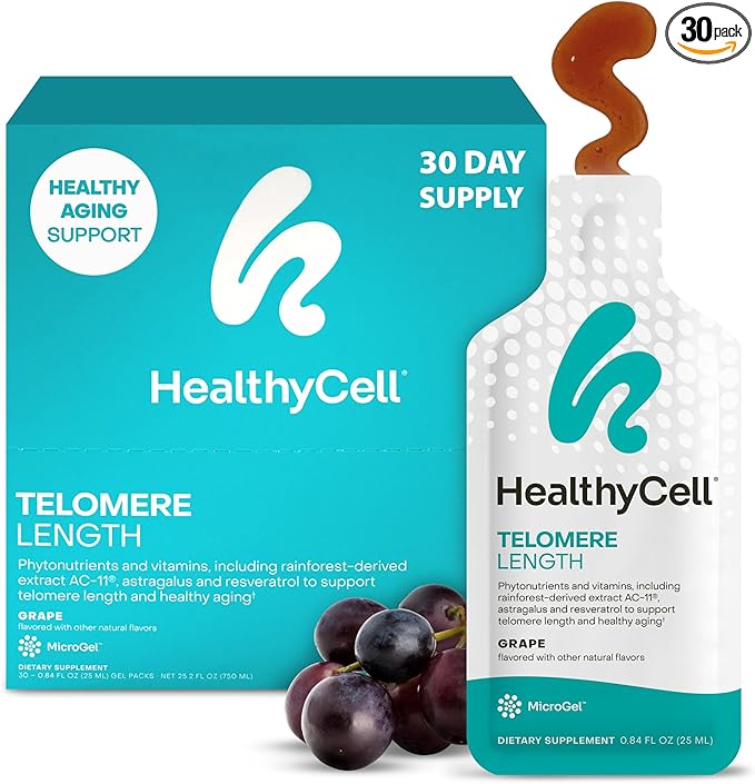 HealthyCell Telomere Length Supplement - Anti-Aging Telomere Lengthening Supplements with Phytonutrients &amp Vitamins for Cellular Health - AC-11 Astragalus &amp Resveratrol - 30 Gel Packs Grape