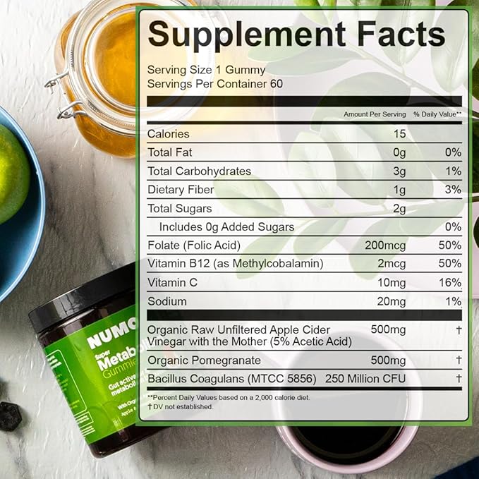 Numo Apple Cider Vinegar Gummies from The Mother ACV Gummies with Probiotics Folic Acid MCT Oil Vitamin B12 Pomegrante Supports Digestive Health Immune System Gut Health - 60 Count