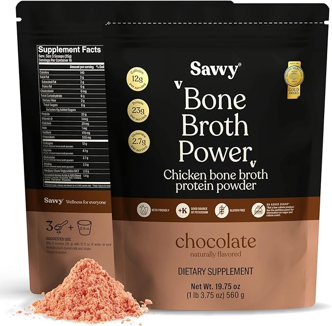 SAVVY Bone Broth Power Chocolate Protein Powder 23g Protein 12g Collagen &amp Recharge Electrolyte Powder Sugar Free Hydration Drink with Sodium Magnesium Potassium (Variety (Lemon + Watermelon)