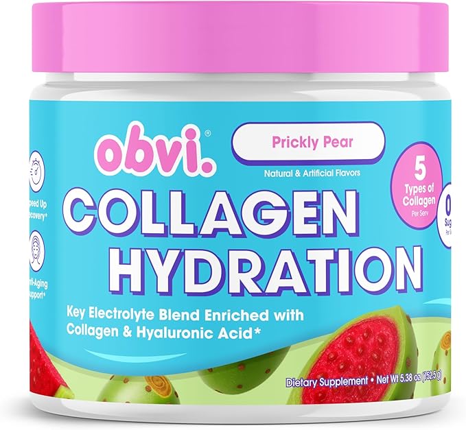 Obvi Collagen Hydration - Collagen Powder for All-Day Hydration - Replenish Essential Nutrients - Skin Nail &amp Hair Support - Gluten-Free &amp Sugar-Free - Prickly Pear - 5.38 oz (25 Servings)